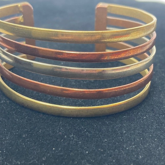 Mixed Metal Tone Stacked Look Cuff Bracelet Silver Gold Bronze - Picture 1 of 15